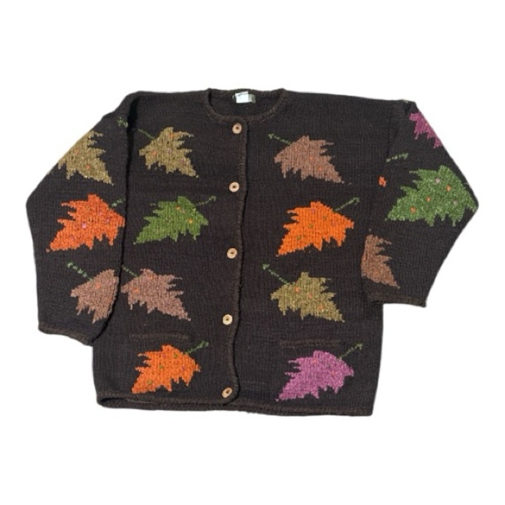 Vintage The Territory Ahead Leaf Print Chunky Wool Cardigan Cottagecore Medium